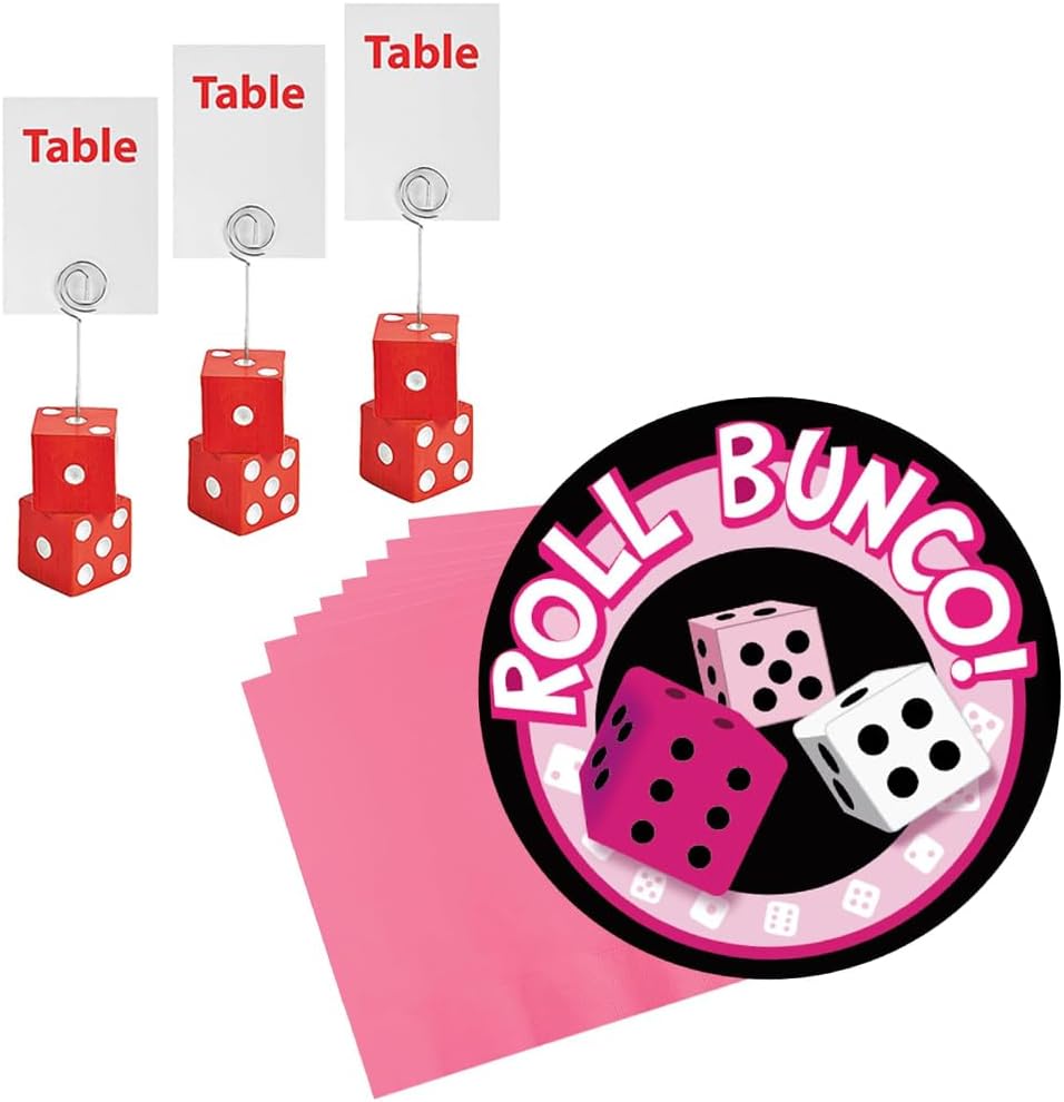Roll Bunco Plate and Candy Pink Napkin Set with Bunco Dice Table Number Holders Bundle