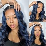 Beauty Forever Blue Highlights Wig Body Wave 13x4 Lace Front Wigs Black With Blue Highlights Human Hair Wigs For Women,Blue Dream Colored Wigs 150% Density Pre Plucked Wigs 22 inch