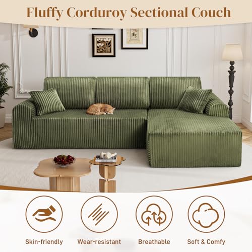 Image of 110 inch L Shaped Boneless Sectional Couches for Living Room, Comfy Corduroy Floor Cloud Sofa with Chaise, Wide Armrest, Deep Seat, Memory Foam, Assembly Free, Ideal for Small Spaces, Green