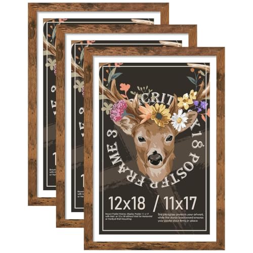 Image of Picrit 12x18 Rustic Brown Poster Frame, Picture Frame for Wall, 3 Pack