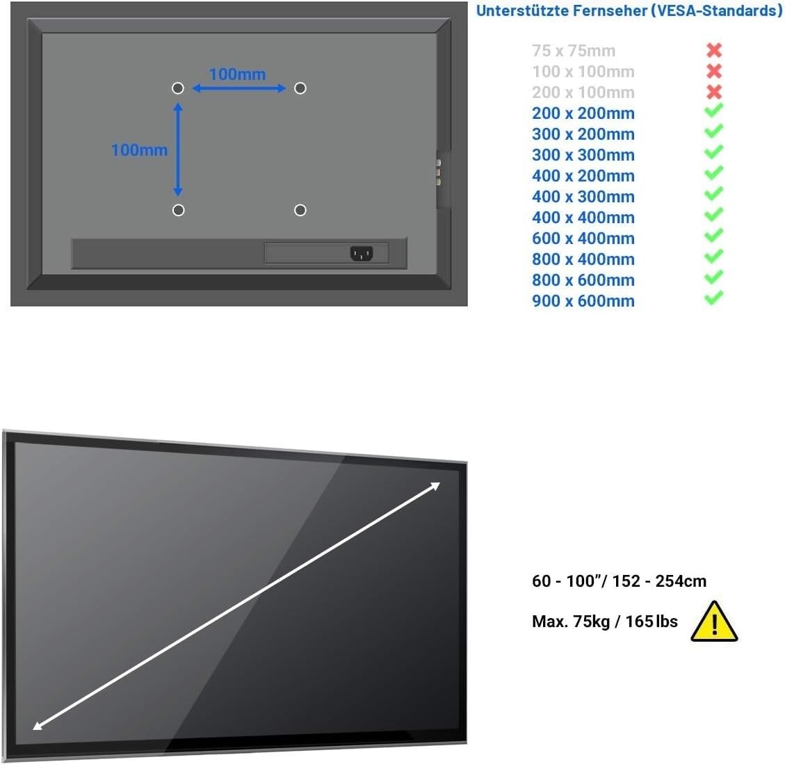 deleyCON Universal TV Wandhalterung 60"-100" Zoll, Neigbar, bis 75 kg | für 152-254 cm Fernseher, bis VESA 900x600, Plasma LCD LED OLED TFT Curved TV Halterung