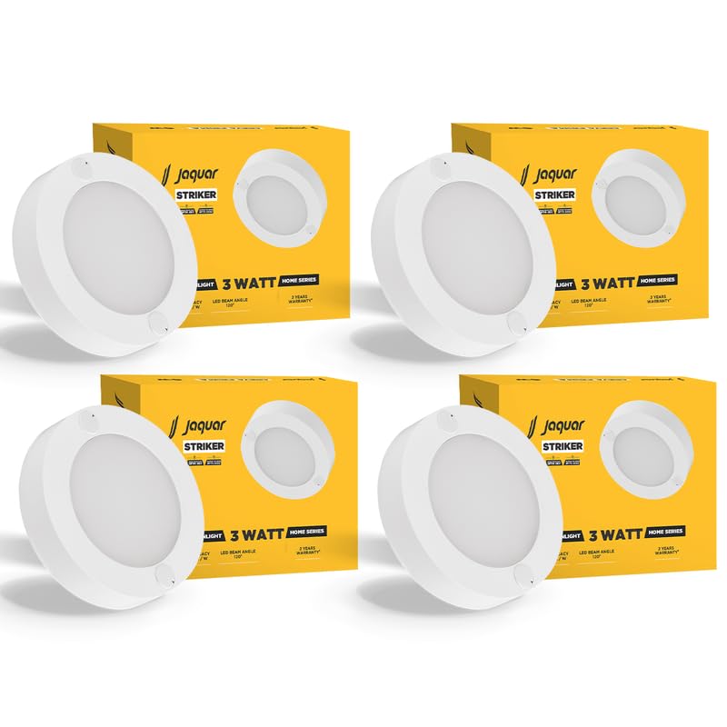 Jaquar 3W Striker Mini Round Surface Ceiling/Downlight with Aluminium Heat Sink | No False Ceiling Required | Surface Ceiling Light for Cabinet, Wardrobe, Office Space | Warm White(Pack 4)