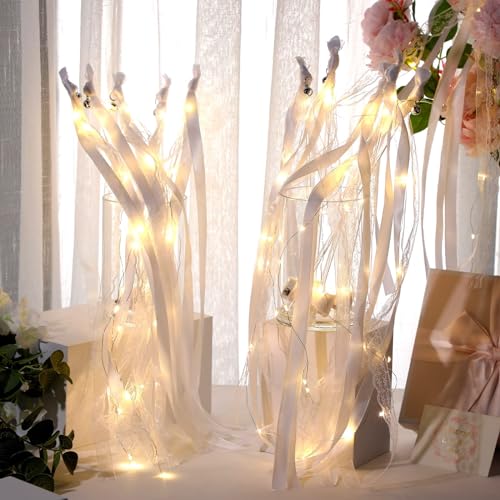 Unittype Wedding Wands Ribbon Streamers with Bells LED Fairy Light up Silk Fairy Wand Glow in The Dark Flashing Lace Stick for Wedding Birthday Party Favors (Ivory & Warm White LED,24 Pieces)