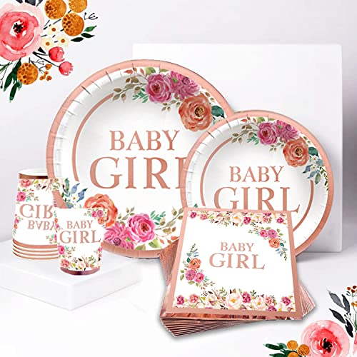 Bdecoll Lot de 10 assiettes et serviettes de table pour bébé fille - Décoration de vaisselle, assiettes, tasses, serviettes, bannières, nappes, thème floral, baby shower Party Supplies | Rose Cover