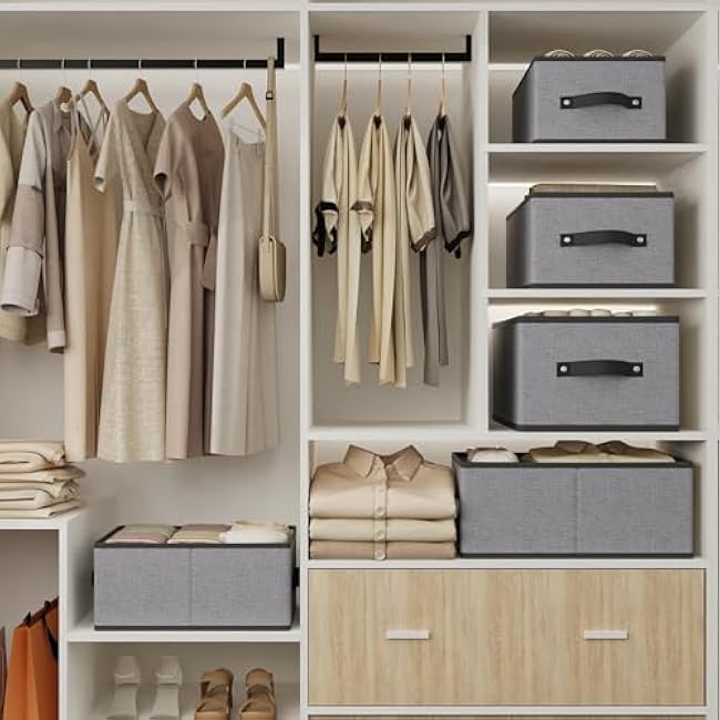 Foldable Clothes Boxes, Closet Bin with Handles, Fabric Storage Baskets for Drawers, Bins for Organizing Shelves, 13 ¡Á 9.1 ¡Á 5.5 inch, 4 Pack, Gray