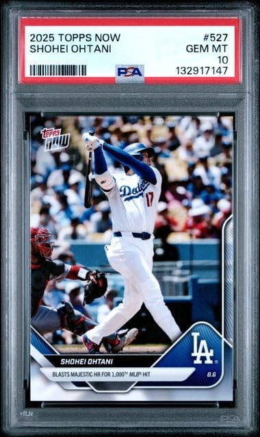 Graded Psa 10 Shohei Ohtani Baseball Card 2025#527 As He Blasts A Majestic HR For 1000th Hit Milestone Dodgers 4 Time Mvp Superstar
