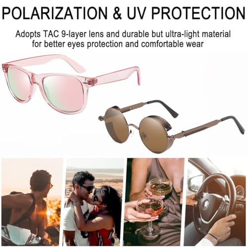 Joopin Pink Square & Brown Metal Round Sunglasses Bundle, Classic Sun Glasses Polarized UV400 Protection Shades for Women Men Shady Rays3
