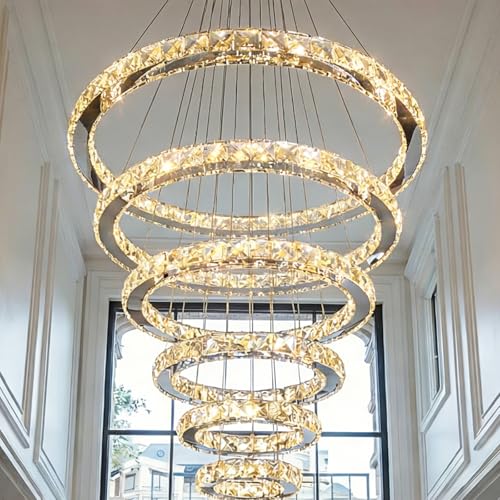 Modern Crystal Chandelier for High Ceiling Lights Fixtures Luxury 6 Ring Led Chandelier for Dining Room Big High Ceilings Foyer Chandeliers for Living Room Entryway Staircase, D8'-12'-16'-20'-24'-28'