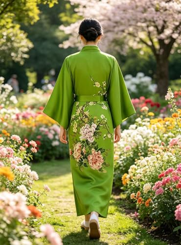 Image of Women's Classic 100% Silk Kimono Robe, Bathrobe-Printed Pattern