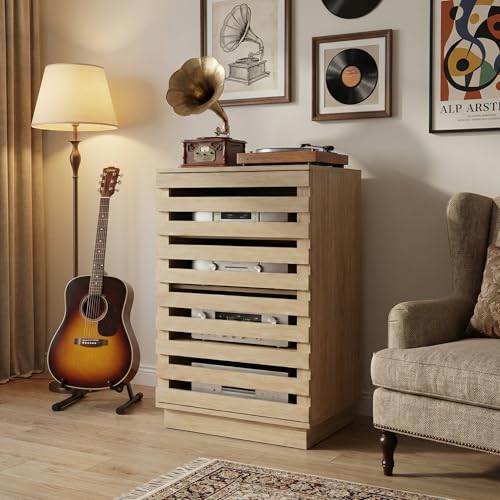 holzart Modern Slatted Wood Audio Component Cabinet, 4-Tier Stereo Equipment Rack Media Stand with Ventilated Door & Cable Management, Oak Finish 35.4″ Tall