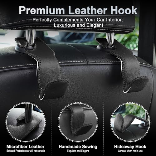 LivTee Black Superior Leather Car Seat Back Headrest Hook, Auto Seat Hook Hangers Interior Accessories for Purse Coats Umbrellas Grocery Bags Handbag, 2-Pack - Image 3