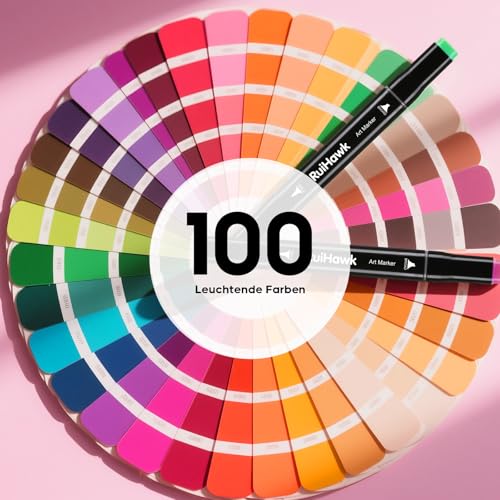 RuiHawk Filzstifte Marker Set, 100+2 Farben Alkohol Marker mit Feinspitze & Breitspitze, 2-Sekunden Schnelltrocknend, Alkohol Stifte mit Anti-Seepage Abstandshaltern für Malerei, Design