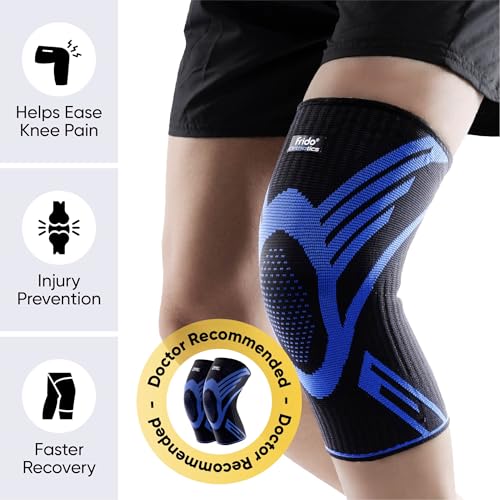 Image of Frido Active Knee Cap Support for Men & Women | Pain Relief Knee Brace | Anti-Sweat & Comfortable | Compression Knee Supporter for Joint Support, Sports, Gym & Injury Recovery (1 Pair) Blue, Medium
