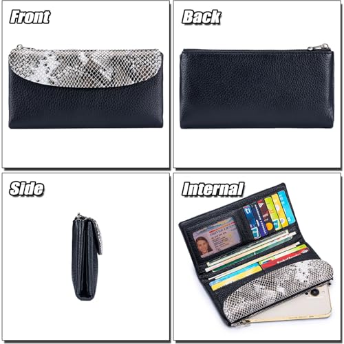 Genuine Leather Large Tri-Fold Wallet for Women - Designer Snake Print Purse, RFID Blocking Credit Card Holder, Holds 10+ Cards & Smartphone (6.1") - Black2