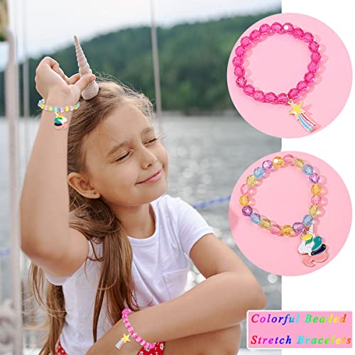 Spiritlele 12 Pieces Unicorn Bracelets Rainbow Star Heart Charm Beaded Strand Stretch Bracelet Wristband Set Princess Party Favors2