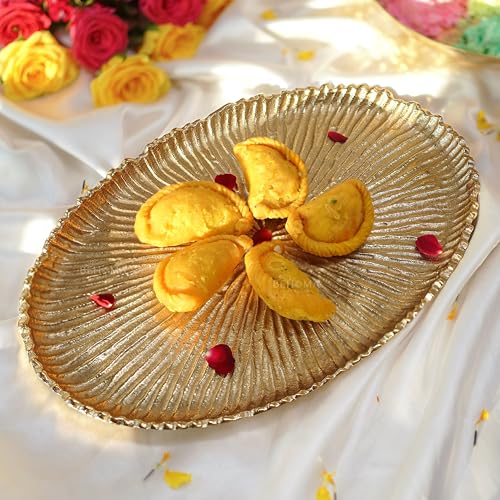 Image of BEHOMA Aluminium Sunburst Pooja Thali Tray, Golden, 24cm | Handcrafted sunburst golden aluminium tray, 24cm; premium pooja thali for temple & Diwali decor.