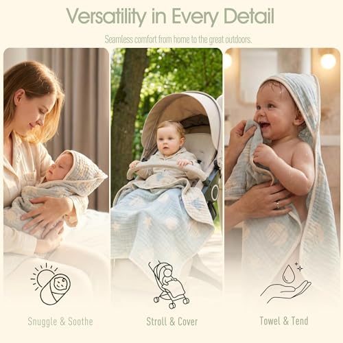 Image of Ultra-Soft Muslin Baby Hooded Towel - 32 x 32 Inches, Ideal for Bath & Beach, Suitable for Both Boys & Girls from Newborns to Toddlers