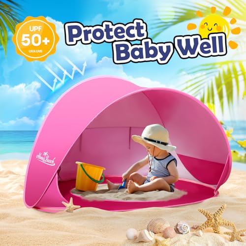 Image of Monobeach Baby Beach Tent Pop Up Portable Shade Pool UPF50+ UV Protection Sun Shelter for Infant with Easy Set Up Canopy (Pink Beach Tent)