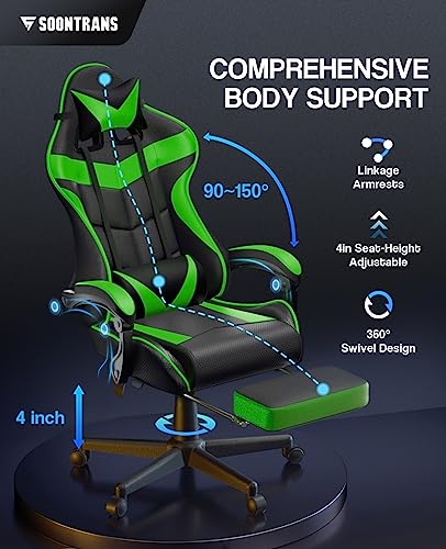 Soontrans Green Gaming Chair with Footrest,Racing Gaming Chair,Computer Gamer Chair,Ergonomic Game Chair with Adjustable Headrest and Lumbar Support(Jungle Green) - Thumbnail 5