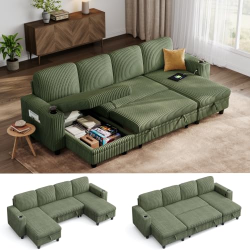 Image of LINSY HOME Modular Sectional Sofa Bed, U Shaped Sleeper Sofa Couch with Storage Chaise, Corduroy Sectional Couches for Living Room, Versatile Armrest, 4 Seats, Green, 106 inch W x 55 inch D x 34 inch H