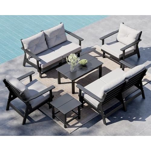 GREENVINES 8-Piece-Patio-Furniture-Set | HDPE Plastic | Outdoor Sectional Conversation Sets | All-Weather Couch | Sofa with Coffee Table & Side Table | Detachable Armrests | for Deck Lawn |