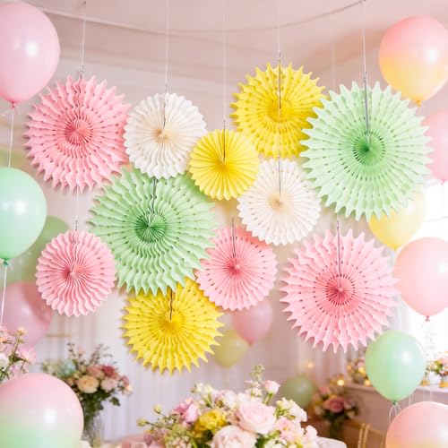 Image of Paper Jazz 11pcs Pastel Paper Fans, Soft Colorful Party Decorations for Spring, Fairy, Tea Party, Birthday Hanging Paper Flowers for Wedding, Baby Shower, Garden Decor