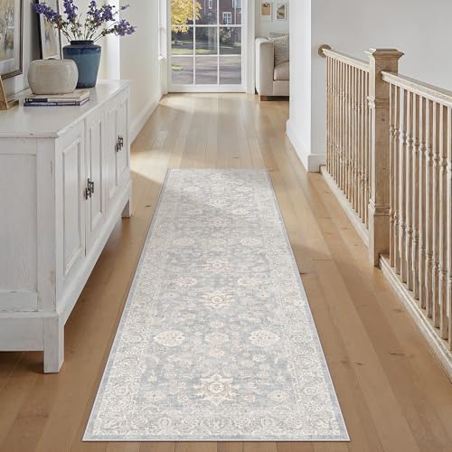 2x8 Blue Cream Washable Runner Rug for Kitchen Hallway Neutral Floral Soft Non Slip Rug Low Pile Distressed Carpet for Bathroom Bedroom Indoor Nursery 2' x 8' (Runner) Blue