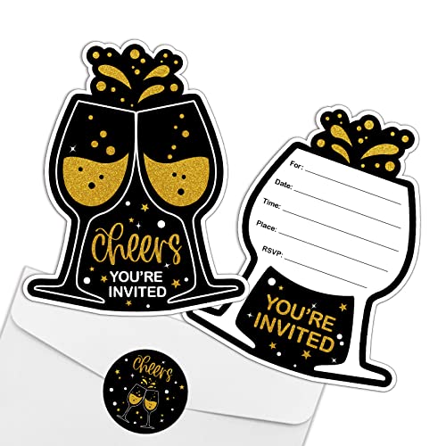 Rewidparty Black Gold Birthday Party Invitations With Envelopes & Stickers（Set Of 15） Cheers Shaped Fill-In Invitations Black & Gold Invites Cards Birthday Anniversary Party Celebration Supplies #TOP18