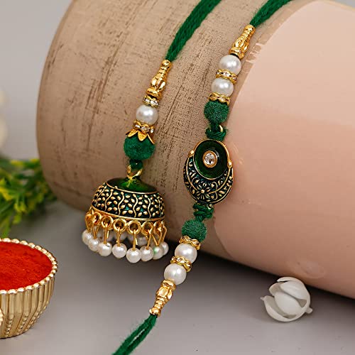 Image of eCraftIndia Multicolor Kundan Designer Rakhis for Brother and Bhabhi | Bhaiya Bhabhi Rakhi Set of 2