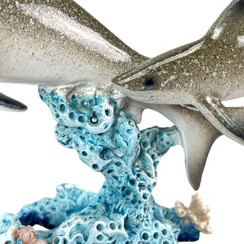 Estatua de doble tiburón sobre arrecife de coral de resina pintada a mano 10 pulgadas miniatura 3