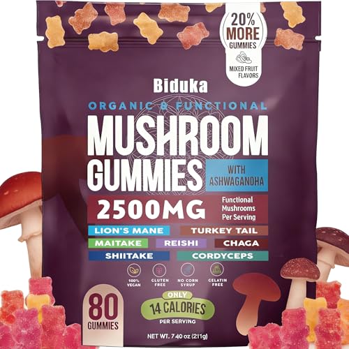 Biduka Organic Functional Mushroom Gummies with Ashwagandha | 2500MG | 20% More Gummies | Vegan Gluten-Free Non-GMO | 80 Count