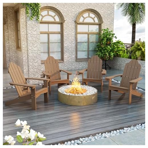 LUE BONA Adirondack Chairs Set of 4, Brown Poly Adirondack Chairs with Cup Holder, 350LBS Modern Adirondack Chair Weather Resistant, Outdoor Patio Chair for Fire Pit, Patio, Law, Balcony, Backyard
