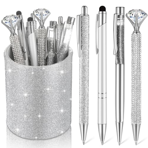 Sabary 8 Pcs Ballpoint Pens with Pen Holder for Desk Glitter Crystal Diamond Fancy Pencil Holder Bling Desk Organizer Cute Stationery Supplies for Women Girls Wedding Office School Gifts(Silver)