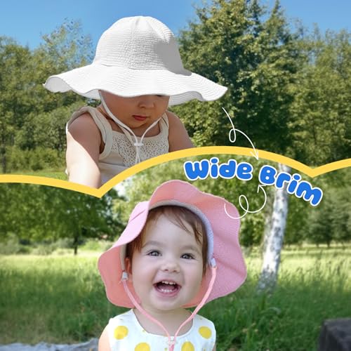 Image of HONGTEYA Baby Sun Hat Toddler Girl Beach Hat Sun Protection Adjustable Outdoor Summer Wide Brim Bucket Hat for Infant Kids