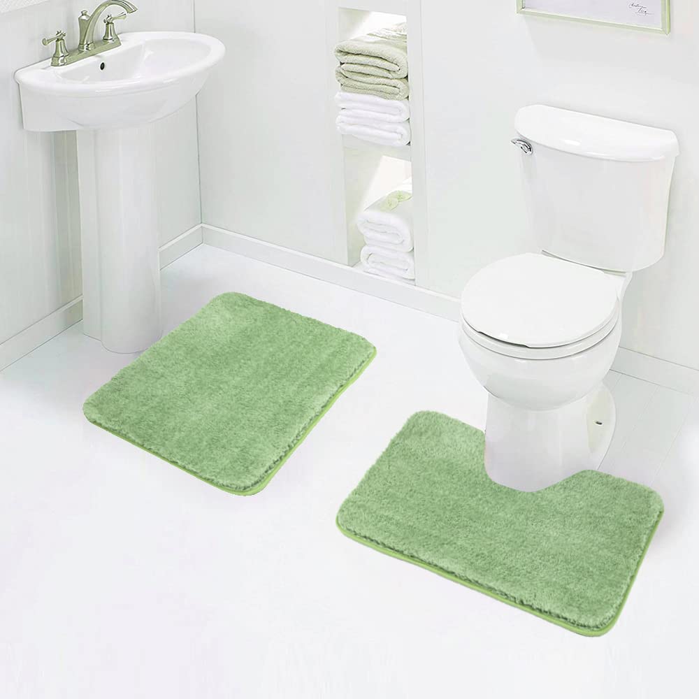 Walensee Shaggy 2 Piece Bath Rug Set (Sage Green) - 20 x 24 U Shape Contour Rug & 20 x 32 Bath Mat - Machine Wash/Dry - Plush Absorbent Non Slip