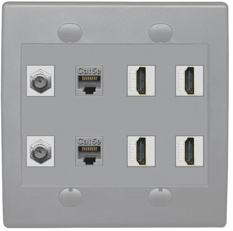 RiteAV 2 Port Coax Cable TV F-Type 2 Cat5e Ethernet 4 HD Wall Plate - Flat 2 Gang [White]