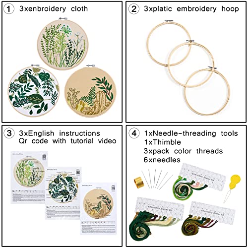 Armindou 3 Sets Embroidery Starter Kits With Leaves Pattern For Adults Beginners, Cactus Stamped Cross Stitch Kit Hand Diy Needlepoint Kit, 3 Embroidery Hoops, 3 Embroidery Fabric, Needles And Threads #TOP2