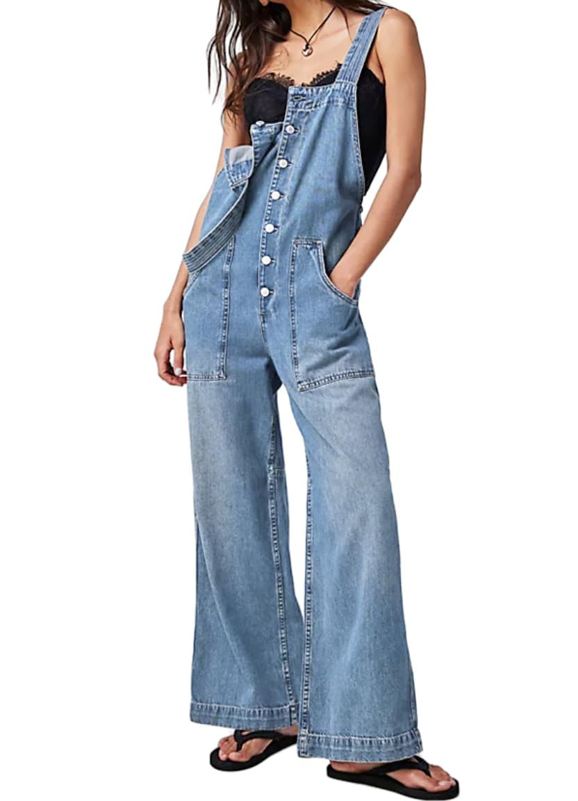 Kedera Women's Casual Baggy Denim Adjustable Denim Bib Overalls Loose Wide Leg Jeans Pants Jumpsuits with Pockets