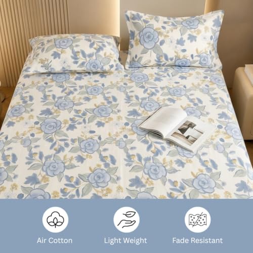 Image of Marrow Lane 300 TC Soft Air Cotton Double Bedsheet | Garden Reverie | Flatsheet with 2 Pillow Covers | Watercolour Floral Print (228.6 x 254 cm, Ivory & Blue)