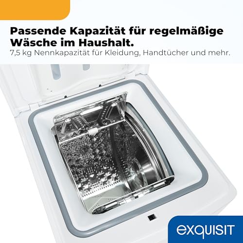 Exquisit Toplader Waschmaschine | 7,5 kg Kapazität, Energieklasse A, 1200 U/Min, 78 dB(A) | schmale Bauform, 15 Programme, Eco 40–60, Kurzprogramm, Startverzögerung, Aquastop | LTO51207-030A weiss