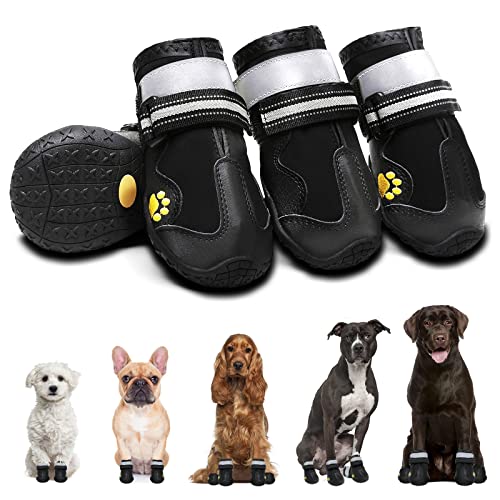 Dog Shoes for Small Dogs: Breathable Medium Dog Boots Paw Protector for Summer Hot Pavement Winter Snow, Outdoor Walking Dog Booties, Indoor Hardfloors Anti-Slip Sole Black 4PCS-Size 5