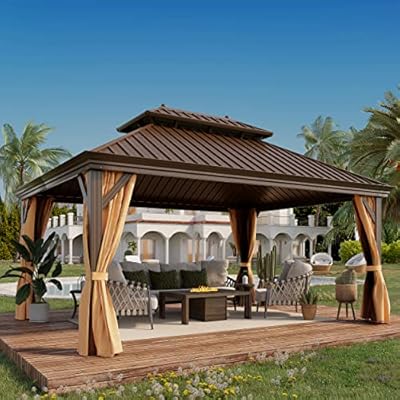 GAZEBEST 12' X 16' Hardtop Gazebo, Outdoor Galvanized Steel Double Roof Permanent Aluminum Frame Pavilion Pergola Canopy with Privacy Curtains for Garden, Patio, Backyard, Deck and Lawns.