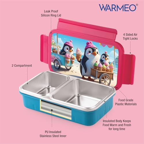 Image of WARMEO Cosmic 3D Print Insulated Lunch Box with Two Compartment BPA Free, Kids Lunch Box,Food Grade Ideal for School, Picnic,& Outdoor - 600 ml Penguin, Stainless Steel
