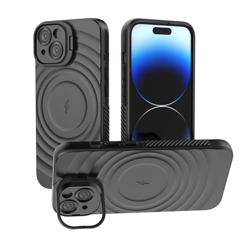 Image of LuxuryKase Shockproof Case for iPhone 14 | Ripple Pattern | Camera Protection | Inner Velvet Fabric Lining | Protective Cover with Enhanced Grip & Wireless Charging Support - Black