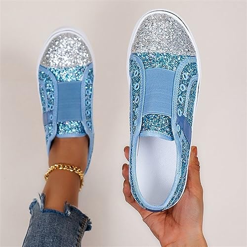 Women's Glitter Sequins Sneakers Fashion Color Matching Round Toe Slip On Flat Canvas Shoe Casual Lightweight Breathable Non Slip Dance Shoes3