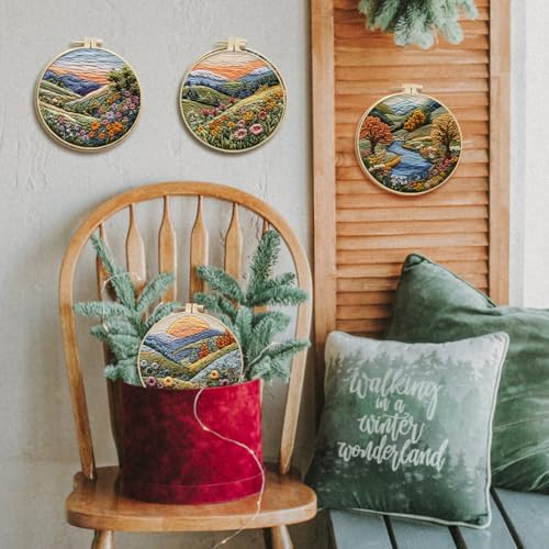 Image of EUBUY Embroidery Kit for Beginners, Nature Landscape Pre-Stamped Pattern Kits for Adults, Hand Embroidery Kit with Hoop, Color Threads,Tools for Craft Lover Hand Stitch