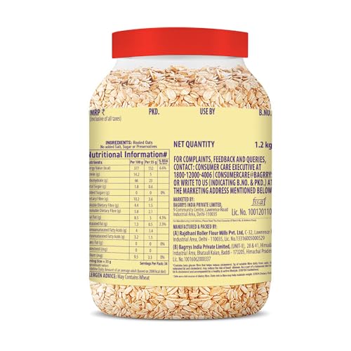 Image of Bagrry's 100% Jumbo Rolled Oats 1.2kg Jar | Whole Grain Rolled Oats with High Fibre, Protein | Non GMO | Healthy Food with No Added Sugar | Diet food for Weight Management | Premium Rolled Oats | Nutritious & Healthy Breakfast Cereal