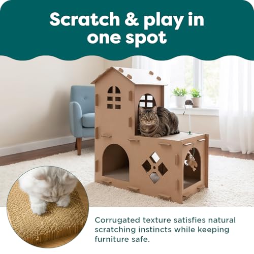 Image of Furhaven Pet Furniture for Cats and Kittens - Tiger Tough Farmhouse Corrugated Cat Scratcher Playhouse Apartment with Catnip, Cardboard (Brown), One Size