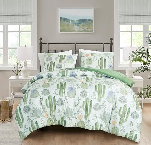 Chezmoi Collection Cereus 3-Piece Southwestern Serene Desert Comforter Set - Green Blue Cactus Succulent Plant Printed Washed Microfiber Bedding, Full
