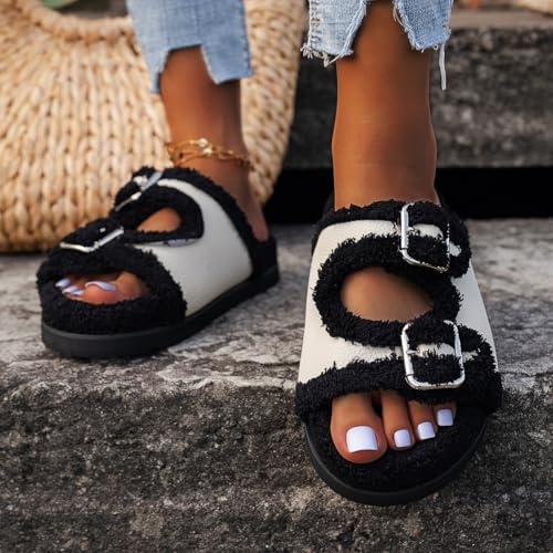 Plush Slippers Thick Sole Open Toe for Women Metal Buckle Fuzzy Slippers Fashion Cozy Fluffy Indoor Home Slipper2
